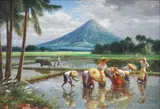 Planting Rice (Mayon) by Fernando Amorsolo, oil on canvas, sold Feb 2015