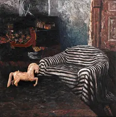 I Thought It Was Mozart by Jonathan Ching, oil on canvas + wooden horse, sold Feb 2015