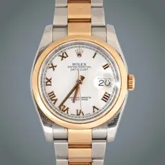 Rolex Datejust, Untitled, Reference: 16203 <br> Year: c. 1988–2004 <br> Movement: Automatic, cal. 3135 <br> Functions: hours, minutes, central sweep seconds, instantaneous date <br> Power reserve: 48-hour power reserve <br> Case: durable oyster case with a scratchresistant sapphire crystal and a screw-down crown for waterproof protection up to 330 feet <br> Case diameter: 36 mm <br> Thickness: 13.51 mm <br> Bezel: yellow gold bezel <br> Dial: white dial set with gold Roman hour markers, central sweep hands, and a date aperture at the 3-hour marker with Cyclops magnifying lens <br> Strap/bracelet: flat link oyster bracelet with high polish yellow gold center links and a fliplock clasp <br> Weight: 135 grams <br> No original box, no original papers