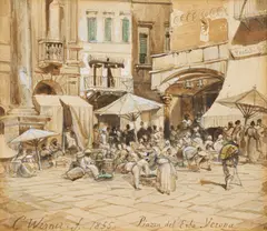 Carl Werner, Die belebte Piazza delle Erbe in Verona, Aquarell, Bleistift und Gouache auf Papier