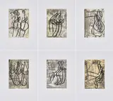Markus Oehlen, Anglerinnen I bis VI, 1988, Serie von 6 Radierungen. Jeweils: Radierung und Fotoätzung mit Lack überdruckt auf Velin