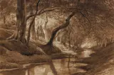 Waldbach mit Hirschen by Julius Jakobus van de Sande Bakhuyzen, Aquarell auf Papier, sold Nov 2021