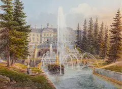Johann Jakob Meyer, Schloss Peterhof bei Sankt Petersburg, Aquarell auf Papier