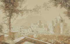 Robert Kummer, Capri. Blick auf die Kuppel der Chiesa di Santo Stefano, Aquarell über Bleistift auf Papier
