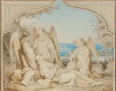Nazarener Schule, Heilige Pilgerin, von Engeln umgeben, Aquarellierte Bleistiftzeichnung auf Papier