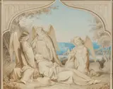 Nazarener Schule, Heilige Pilgerin, von Engeln umgeben, Aquarellierte Bleistiftzeichnung auf Papier