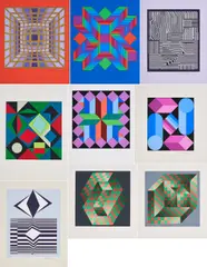 Konvolut von 10 Druckgrafiken by Victor Vasarely, Jeweils: Farbserigrafie auf leichtem Karton, sold Mar 2022