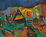Ernst Mollenhauer, Rote Sonne über dem Dorf, Öl auf Leinwand