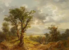 Bernhard Mühlig, Blick in eine weite Flusslandschaft mit Gebirge im Hintergrund, Öl auf Leinwand