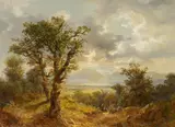 Bernhard Mühlig, Blick in eine weite Flusslandschaft mit Gebirge im Hintergrund, Öl auf Leinwand