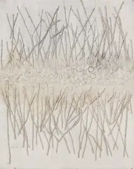 Walter Leblanc, Twisted Strings (Torchon), 1958, Gouache über Baumwollfäden und Sand auf Papier