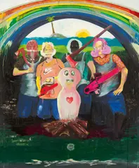 Moritz Schleime, "Heinz Ketschup an der Kettensäge", 2005, Öl auf Leinwand