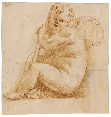 Lelio Orsi, Zusammengekauerter Amor mit nach unten gerichteter Fackel, Rote Kreide, Feder und braune Tinte auf Papier