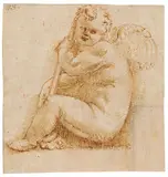 Lelio Orsi, Zusammengekauerter Amor mit nach unten gerichteter Fackel, Rote Kreide, Feder und braune Tinte auf Papier