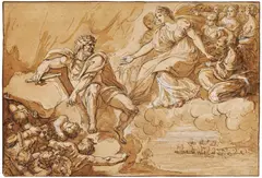 Giuseppe Cades, Juno bittet Aeolus darum, die Winde freizugeben, um Aeneas' Schiffe zu versenken<br />, 2. H. 18. Jh, Feder und braune Tinte, Aquarell, weiß gehöht auf Papier
