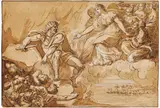 Giuseppe Cades, Juno bittet Aeolus darum, die Winde freizugeben, um Aeneas' Schiffe zu versenken<br />, 2. H. 18. Jh, Feder und braune Tinte, Aquarell, weiß gehöht auf Papier