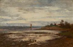 Flusslandschaft mit Boot und Windmühle by Paul Baum, Öl auf Leinwand, sold Nov 2021