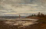 Paul Baum, Flusslandschaft mit Boot und Windmühle, Öl auf Leinwand