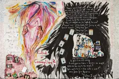 Elke Krystufek, Johnny Had June, 2006, Mischtechnik (Acryl, Gouache, Farbfotografien, Stoffcollage, Fäden und Klebstoff) auf Leinwand