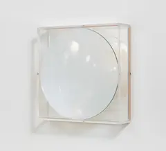 Linsenobjekt by Adolf Luther, 1980, Semitransparente Konkavlinse vor Spiegel. In Objektkasten, sold Nov 2021