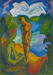 Fritz Schaefler, Männerdoppelakt am See, Um 1920, Öl und Eitempera auf Leinwand