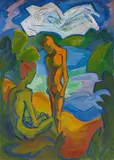 Fritz Schaefler, Männerdoppelakt am See, Um 1920, Öl und Eitempera auf Leinwand