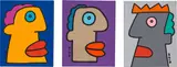 Three works: (i) MY OUTFIT IS A PART OF MY PERSONALITY AND IT IS APPARENT; (ii) THE TEMPERATURE IS RISING SO I AM LOOKING FOR SOME SHADE; (iii) MY HAPPINESS IS SO STRONG THAT YOU CAN SEE IT ON MY FACE by Thierry Noir, acrylic on linen, sold Dec 2021