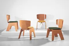 Kenzo Tange, Set of four chairs, designed for the Sumi Memorial Hall, Bisai, Japan, 1957, bent laminated birch, fabric