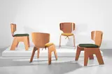 Kenzo Tange, Set of four chairs, designed for the Sumi Memorial Hall, Bisai, Japan, 1957, bent laminated birch, fabric