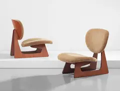 Junzo Sakakura, Pair of lounge chairs, model no. 5016, designed 1957, executed 1960s, teak-veneered plywood, fabric