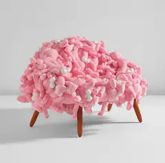 KAWS Chair Pink by Kaws and Estudio Campana, 2018, plush toys, stainless steel and Ipe wood, sold Jul 2020