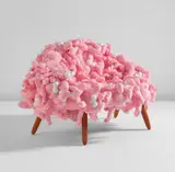 KAWS Chair Pink by Kaws and Estudio Campana, 2018, plush toys, stainless steel and Ipe wood, sold Jul 2020