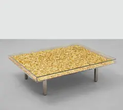 Table d’Or (gold) by Yves Klein, 1961-1963, 22-karat gold leaf, Perspex, glass, chrome-plated metal, wood, sold Jul 2020