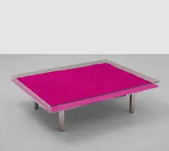 Table Rose (pink) by Yves Klein, 1961-1963, rose pigment, Perspex, glass, chrome-plated metal, wood, sold Jul 2020