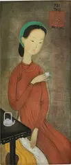 Mai Trung Thu, Young Girl Drinking Tea, 1953, colour on silk laid down on cardboard