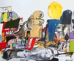 Ghost Fish by Eddie Martinez, 2011, oil, acrylic, spray paint and collaged canvas on canvas (over painting Bad War , 2009), sold Dec 2020