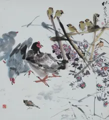 Chen Wen Hsi, Chickens and Sparrows Amongst Flowers, 1987, ink and colour on paper, hanging scroll