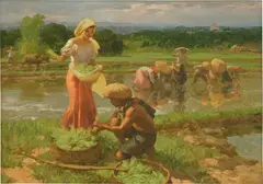Harvesting Rice by Fernando Amorsolo, 1955, oil on canvas, sold Dec 2020
