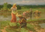 Harvesting Rice by Fernando Amorsolo, 1955, oil on canvas, sold Dec 2020