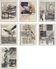 Cui Jie, Untitled #2, 2015, unique digital print and masking tape redactions on book pages (suite of 7)