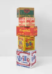 Madsaki, Five works (inspired by Andy Warhol): (i) Brillo Soap Pads Box II-P; (ii) Del Monte Box (Peach Halves); (iii) Heinz Tomato Ketchup Box II-P; (iv) Campbell’s Tomato Juice Box II-P; (v) Brillo Box (3 Cents Off) II-P, 2019, print on cardboard
