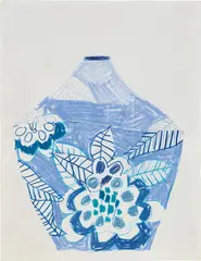 Blue Pot by Jonas Wood, 2011, coloured pencil and collage on paper, sold May 2019