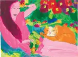Woman with Cat by Walasse Ting, acrylic on paper, sold May 2019
