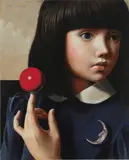 Masaru Shichinohe, Red Ball and Silver Moon, 2014, oil on wood panel