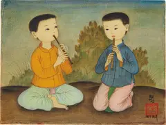 Mai Trung Thu, Two Boys Playing the Flute, 1959, colour on silk laid down on cardboard