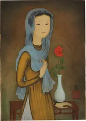 Mai Trung Thu, La Rose Rouge (J. femme à l’écharpe) [The Red Rose (Young Lady with Scarf)], 1959, colour on silk laid down on cardboard