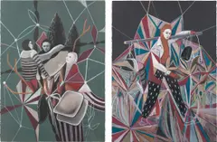 Rodel Tapaya, Two Works: (i) Lift; (ii) Door to Door, 2014, acrylic on paper