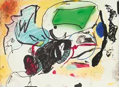 Untitled by Eddie Martinez, 2016, oil paint, spray paint, marker and crayon on paper, sold Nov 2019