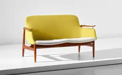 Two-seater sofa, model no. FJ 53 by Finn Juhl, 1953, Bangkok teak, fabric, brass, sold Nov 2019