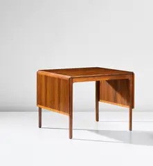 Drop-leaf writing table, designed for the library of the Danish Institute of Science and Art, Rome by Ole Wanscher, 1967, Brazilian rosewood-veneered wood, Brazilian rosewood, sold Nov 2019